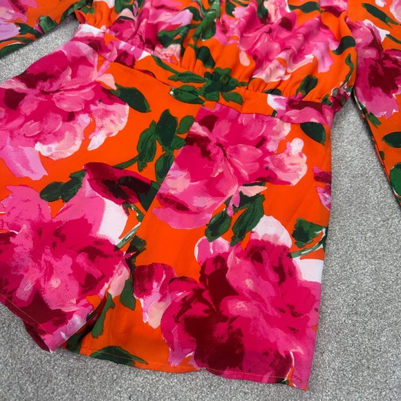 Lulus Orange Pink Floral Print Long Sleeve V Back Romper Jumpsuit Women's Large - Picture 2 of 9